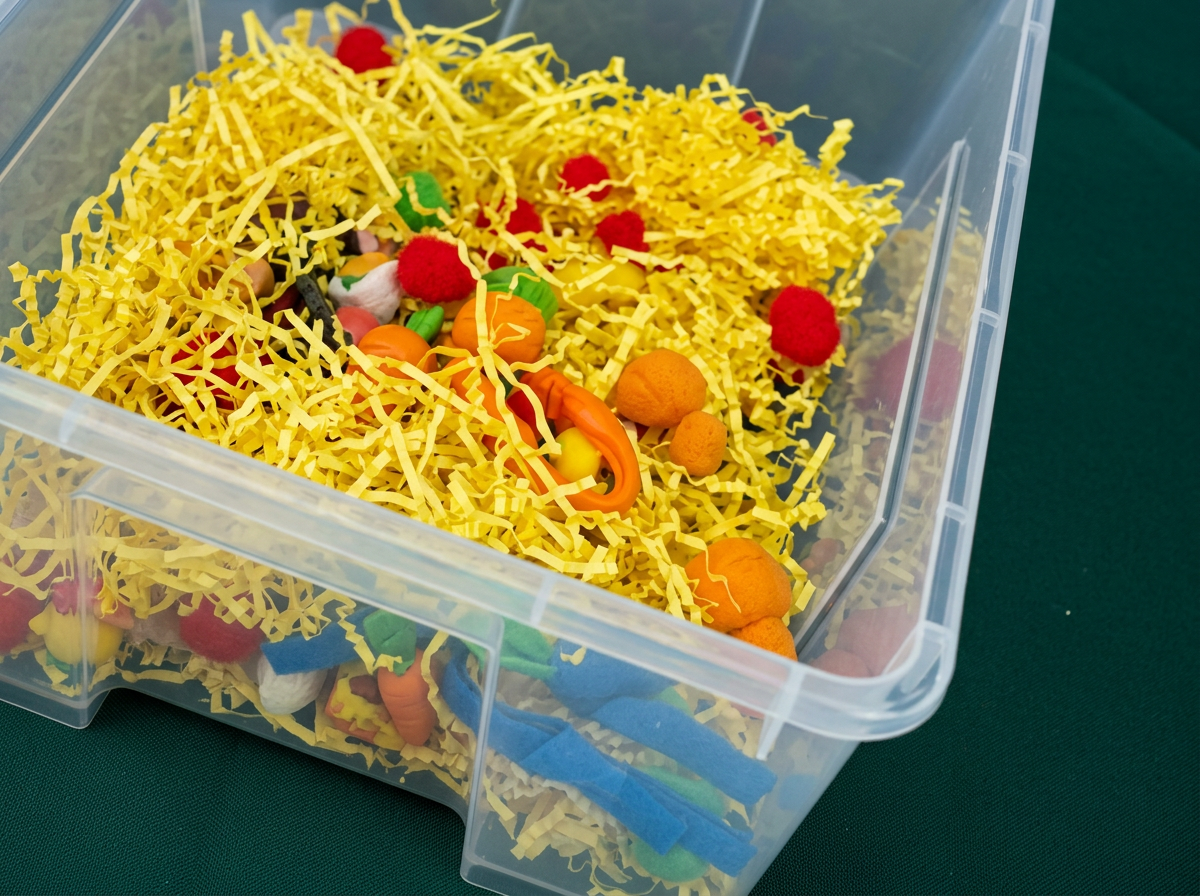 Yellow shredded paper sensory bin